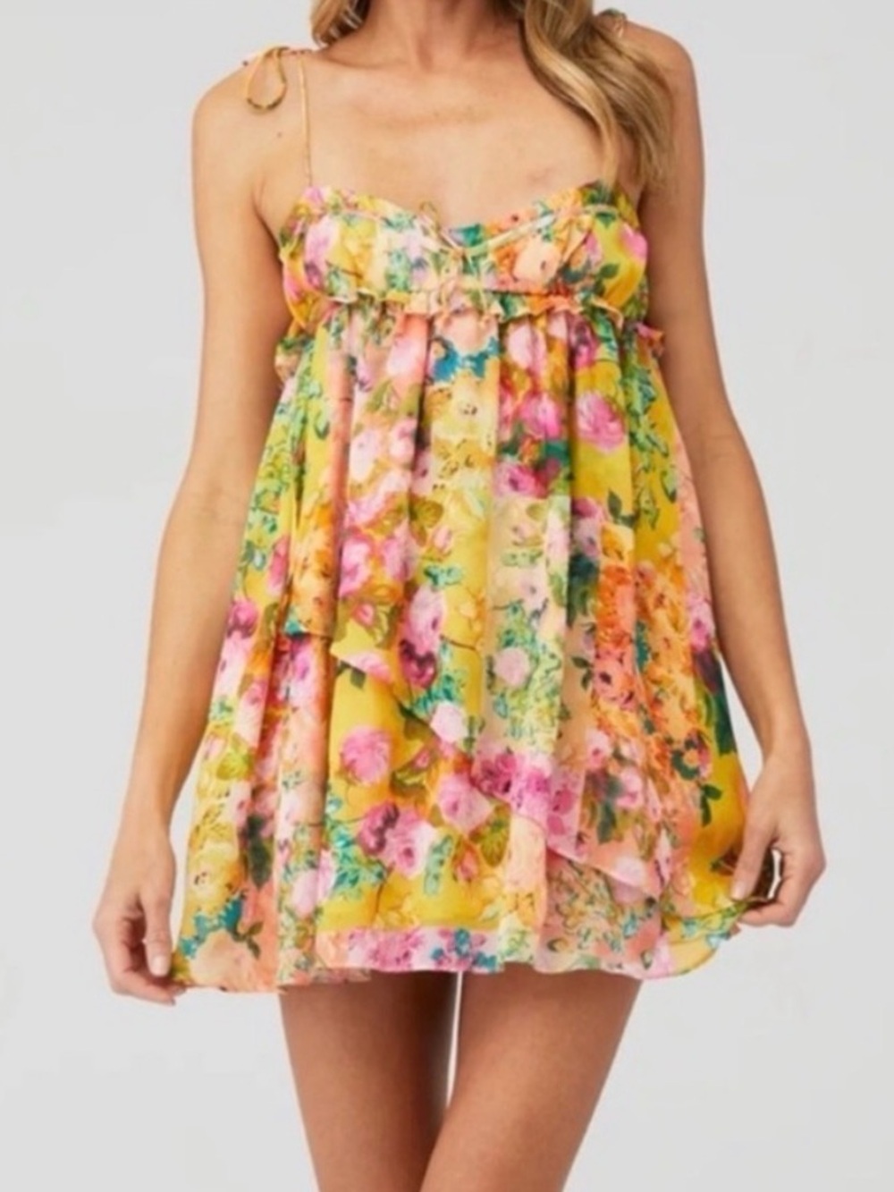 For Love & Lemons Yellow Floral Mini Dress